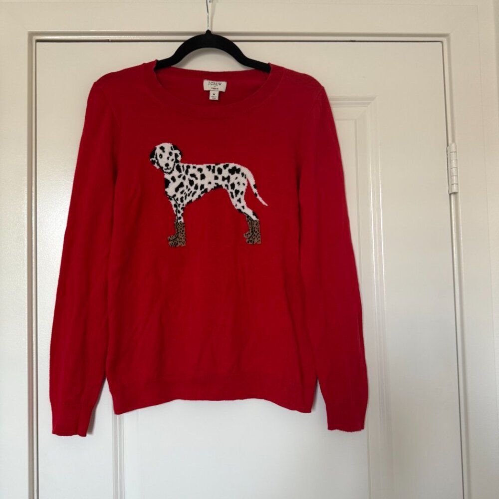 J Crew Teddie Sweater Medium Dalmatian Dog Print Red Classic Novelty Print - Picture 2 of 15
